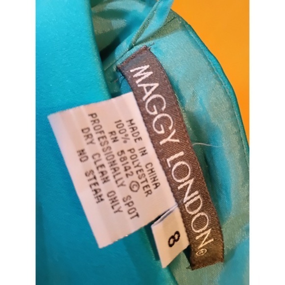 Maggy London Vintage Teal Satin 3D Floral Beaded Cocktail Sheath Dress Sz 8 - Picture 7 of 11